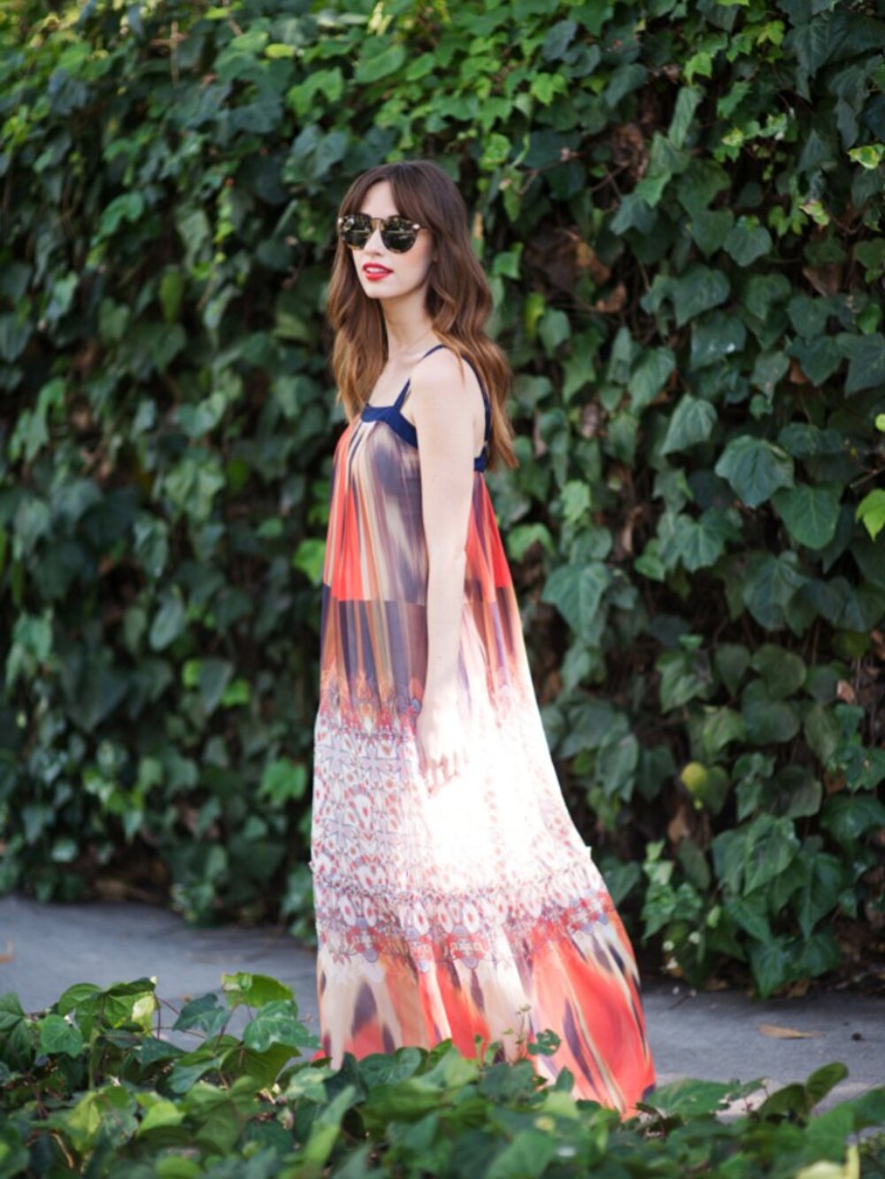 🌞 Bebe Orange Blue Floral Boho Printed Chiffon Babydoll Maxi Dress